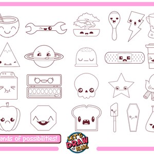 May include: A black and white line drawing of 18 different objects with cute cartoon faces. The objects include a coconut, wrench, bonsai tree, spoon, lightning bolt, blender, mountain, planet, dome, bandage, coffee cup, washing machine, makeup palette, skull, star, campfire, bell pepper, octagon, bread, spatula, coffin, and a flask. The text "Let's Draw" is at the bottom of the image.