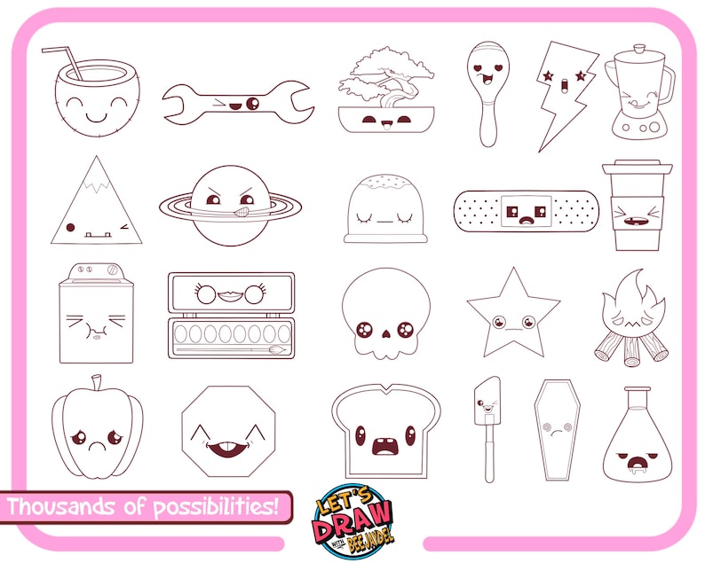 May include: A black and white line drawing of 18 different objects with cute cartoon faces. The objects include a coconut, wrench, bonsai tree, spoon, lightning bolt, blender, mountain, planet, dome, bandage, coffee cup, washing machine, makeup palette, skull, star, campfire, bell pepper, octagon, bread, spatula, coffin, and a flask. The text "Let's Draw" is at the bottom of the image.