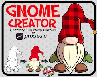 May include: A digital art graphic featuring a cartoon gnome with a red and black plaid hat, white beard, and green mittens. The text "GNOME CREATOR" is displayed in red, with the Procreate logo and the phrase "featuring 100 stamp brushes".