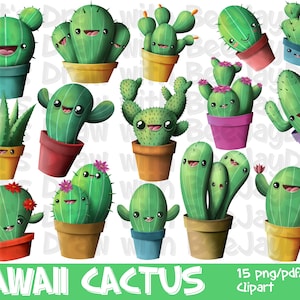 Kawaii Cactus Clipart- Full Commercial Rights / PNG / JPEG / PDF / 15 Plant Designs / Instant Download