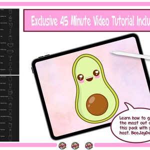 May include: A digital illustration of a cartoon avocado with a smiling face on a pink and white background. The image includes the text "Exclusive 45 Minute Video Tutorial Included!" and "Learn how to get the most out of this pack with your host, BeeJayDel!"
