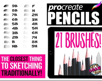 May include: A digital illustration of 21 pencil brushes for the Procreate app. The image shows a variety of pencil strokes in different shades of gray, from 9B to 9H. The text "procreate PENCILS 21 BRUSHES!" is displayed in bold, pink letters on a black background. The text "THE CLOSEST THING TO SKETCHING TRADITIONALLY!" is displayed in white letters on a pink background.