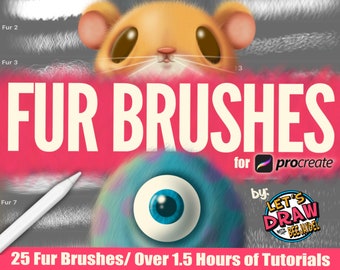 May include: A set of 25 digital fur brushes for Procreate, designed by Let's Draw with Beejaydel. The image shows a variety of fur textures, including short, fluffy, and long, with a cute cartoon hamster and a colorful eye.