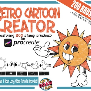 Pakiet pędzli do stempli Retro Cartoon Creator dla programu Procreate autorstwa BeeJayDeL: 200 pędzli do stempli + 5 tekstur vintage + godzinny samouczek!