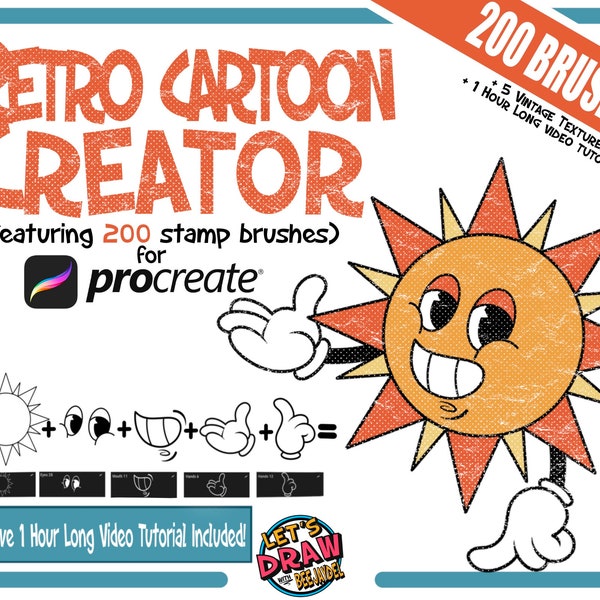 Retro Cartoon Creator Stamp Brush Pack for Procreate by BeeJayDeL: 200 Stamp Brushes + 5 Vintage Textures + 1 Hour Tutorial!