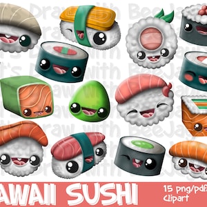 Kawaii Sushi Clipart- Full Commercial Rights / PNG / JPEG / PDF / 15 Food Designs / Instant Download