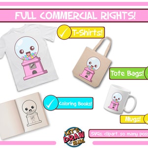 May include: A digital design of a cartoon gumball machine with a smiling face. The design is available for use on t-shirts, tote bags, mugs, and coloring books. The text "FULL COMMERCIAL RIGHTS!" is displayed at the top of the image. The text "LET'S DRAW WITH BELINDA" is displayed at the bottom of the image.