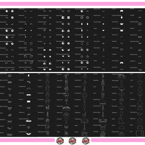 May include: A black and white graphic design sheet with over 100 different icons. The icons are organized into categories such as eyes, mouths, plants, and musical instruments.