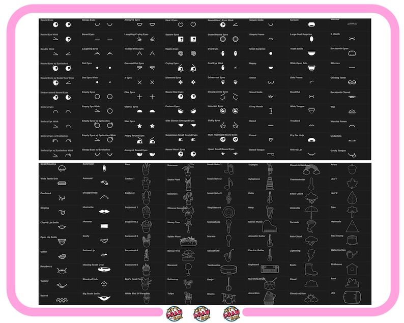 May include: A black and white graphic design sheet with over 100 different icons. The icons are organized into categories such as eyes, mouths, plants, and musical instruments.
