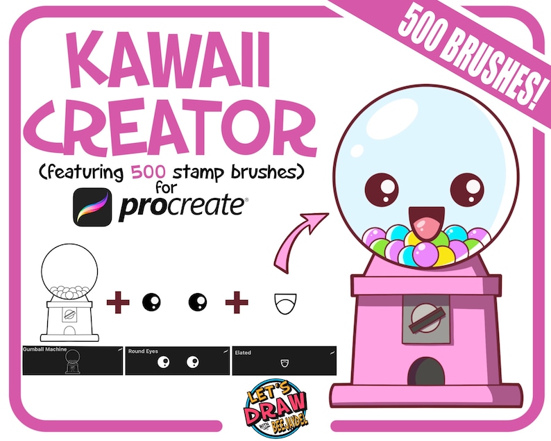 May include: A pink gumball machine with a smiling face and 500 kawaii stamp brushes for Procreate. The image includes a close-up of the gumball machine, as well as icons for the different parts of the machine, including the gumball machine itself, round eyes, and a mouth.