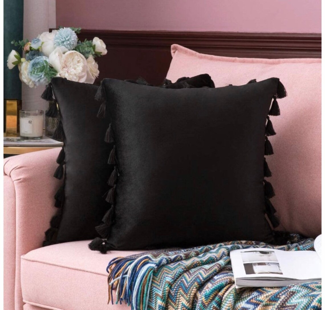 2 large Black velvet touch tassel cushion pillow case cushions Etsy