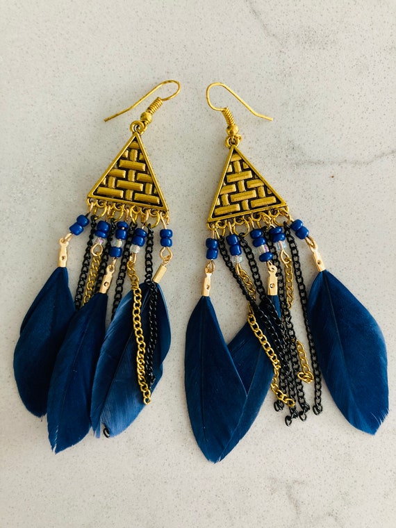 Aztec Gold and Navy Feather Earrings Dangly Jewellery Feathers