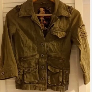 Vintage GUESS military green khaki jacket jackets retro designer RARE womens pre loved size 8 clothes ladies girls 90s 00s 80s studded studs
