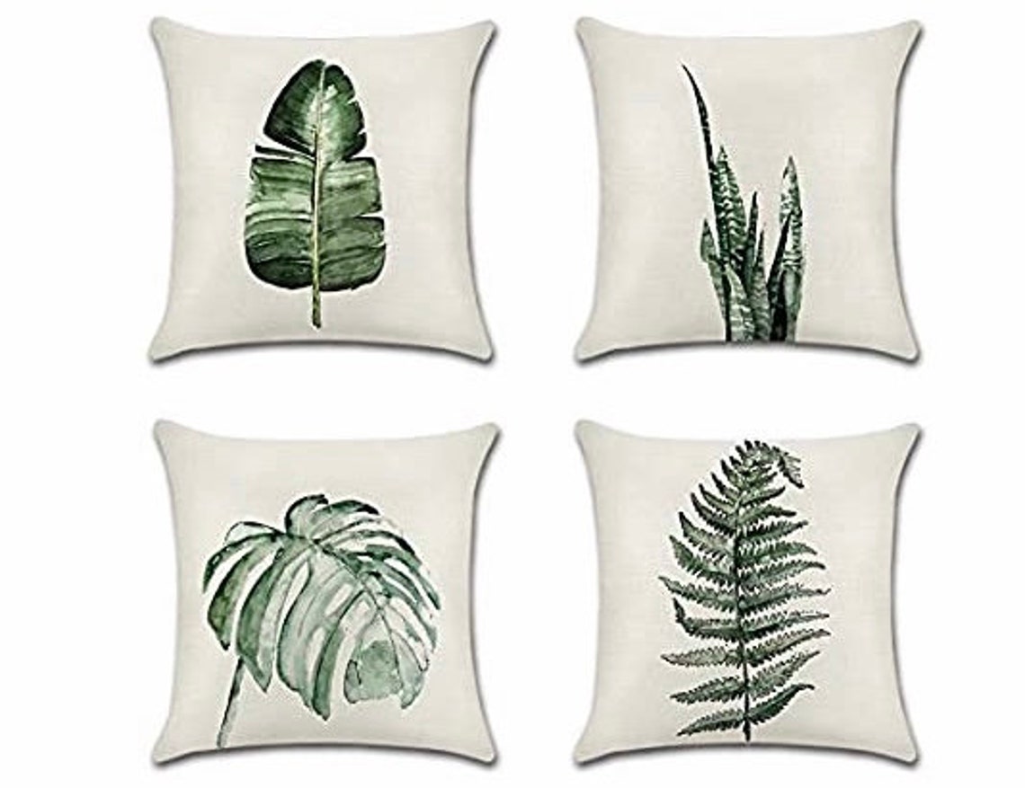 4 Linen Leaf Design Cushion Covers 45x45cm Cushions Pillows Etsy UK