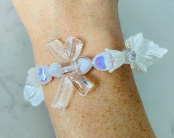 White handmade beaded bracelet bracelets angel wedding flower christening stretch girls gift gifts bride bridal crystal women’s unique