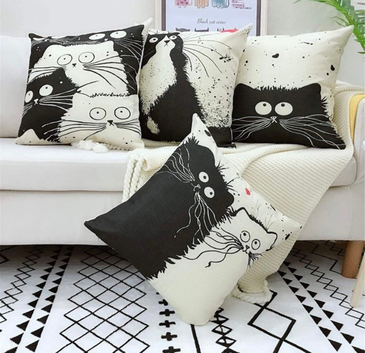 black and white cat cushions