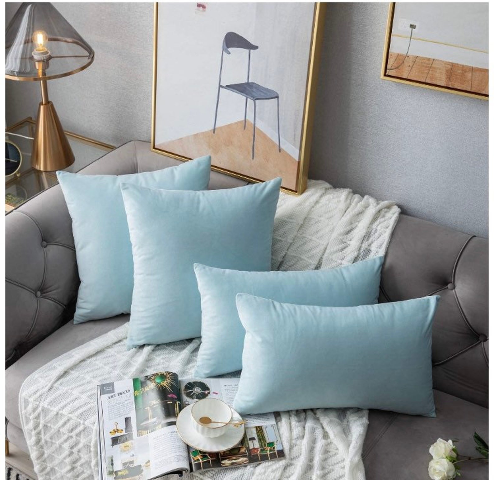 2 Baby blue light blue velvet cushion covers 12x20 Etsy