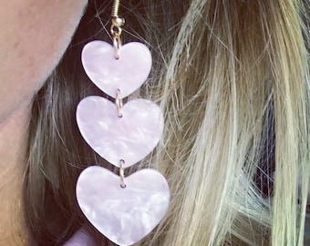 Pink acrylic triple drop earrings heart earring jewellery dangly womens gift wedding hearts lightweight handmade gifts accessories girls
