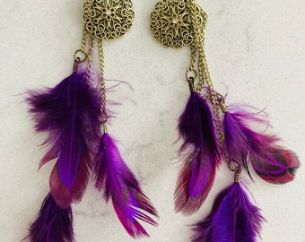 Purple feather and gold drop earrings feathers dangly statement jewellery hook boho bohemian stocking accessories festival gift gifts