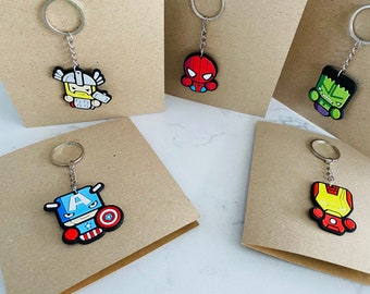Superhero keyring birthday card recycled Kraft cards boys kids greeting birthdays gift heroes super keychain thank you party bag favours