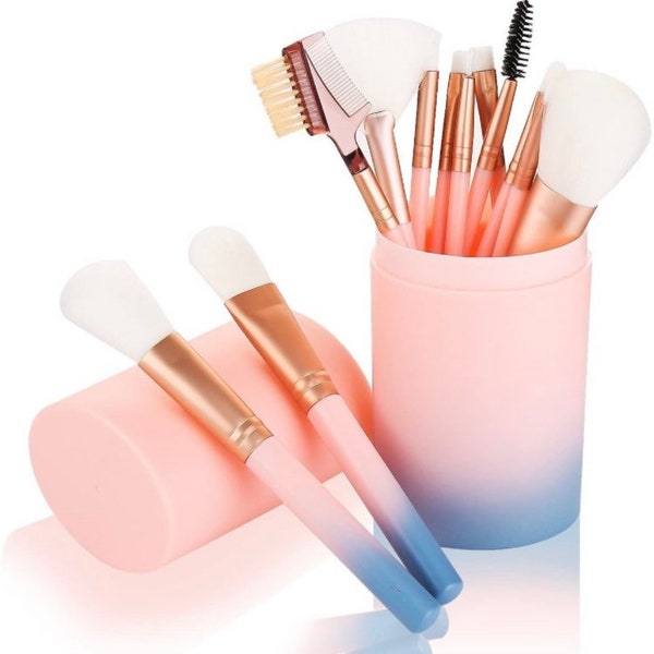 11 pc ombré blue pink make up brush set cosmetic brushes kit foundation eyeshadow makeover cheeks blush