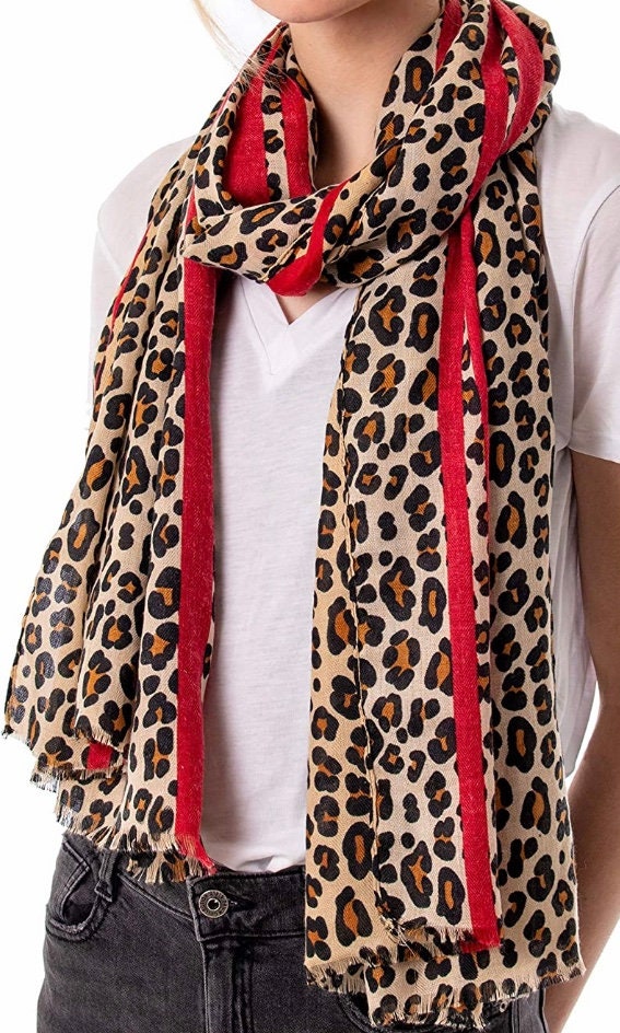 Red stripe leopard print scarf animal print scarves shawl lightweight  women’s clothes accessories gift gifts fashion striped stripey