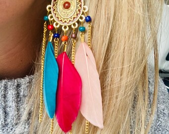 Pink feather and gold drop earrings statement festival jewellery boho Indian style costume bohemian gift gifts accessories womens girls