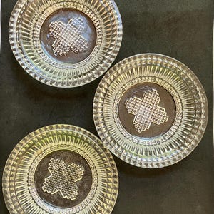 Lot of 3 Antique EAPG Boston & Sandwich Glass Sauce Bowls, Rayed Cross Pattern, circa 1850, 4.25 in Berry Bowls, Pressed Glass Honey Dishes