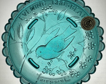 Evening Grosbeak Art Glass, Bird Watcher Cottagecore Decor, Hostess Gift for Women, Vintage Collectible Amethyst Crystal Pairpoint Cup Plate