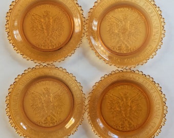 Lot of 4 New Bedford Phoenix Art Glass Pairpoint Cup Plates, Massachusetts Vintage Amber Lead Crystal for Projects, Polish Womens Club Decor