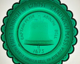 Vintage Sandwich MA First Church Bell Pairpoint Art Glass Cup Plate, Oldest Bell in America, Made in USA, Cape Cod Christopher Wren Church