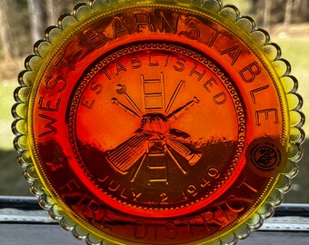 West Barnstable MA Fire District Dept Logo, Vintage Cape Cod Collectible Home Decor Gift, Amberina Glass Massachusetts Pairpoint Cup Plate