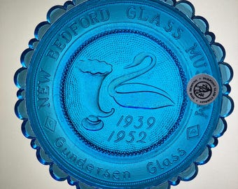 New Bedford MA Glass Museum, Gundersen Swan Cornucopia Vase, Limited Edition Art Glass, Vintage Copper Blue Lead Crystal Pairpoint Cup Plate