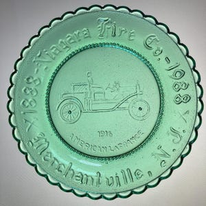 Niagara Fire Co. 1888-1988, Merchantville NJ, Millville Art Glass Cup Plate, LaFrance Fire Engine Collectible, New Jersey Home Window Decor