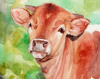 ORIGINAL watercolor cow painting, Longhorn Calf, Western art, Baby Longhorn, Baby cow wall art, One of a kind, Texas Longhorn calf, Longhorn