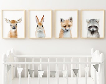 Woodland Animals Nursery Art Prints, Fox, Deer, Raccoon, Bunny Rabbit print, Forest Nursery Wall decor, watercolor nursery art, Baby Animals