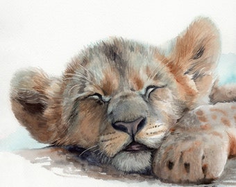 ORIGINAL Watercolor Lion Cub Painting, Lion wall art, Nursery decor, Jungle animal art, Baby animal art, Sleeping baby lion wall art decor