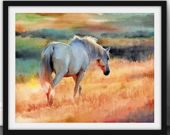 Watercolor White Horse Print, Watercolor Sunset Field, Horse art, Girls room decor, Animal art prints, Beautiful White horse original art