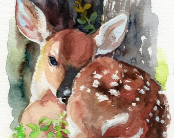 ORIGINAL Watercolor Fawn, Deer wall art, Nursery decor, Animal art, Baby animal print, Nursery wall art, Woodland animal wall art, fawn art