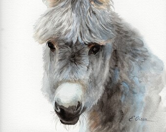 ORIGINAL Watercolor Baby Donkey painting, Donkey wall art decor, Farm animal art, Baby animal art, Nursery wall art, Donkey farmhouse decor