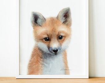 Baby Fox Art Gift, Watercolor Fox Art Print, Baby Fox Prints, Woodland Animals Nursery Decor, Nursery Wall Art, Baby Fox nursery art prints