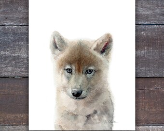 Baby Wolf Art Gift, Watercolor Wolf Pup, Baby Wolf Prints, Woodland Animals Nursery Decor, Nursery Wall Art, Baby Wolf nursery art prints