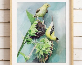 WATERCOLOR birds Art gift, Goldfinch watercolor Bird species wall art, High Quality Art Print Nature decor, Goldfinches and sunflower prints