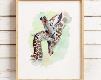 WATERCOLOR giraffe, Mom and baby giraffe, Nursery wall art, Nursery decor, Giraffe painting, jungle animals, Baby animal prints, Fine art