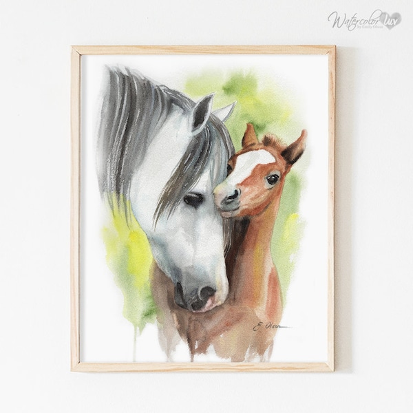 Watercolor Mare & Foal, Mom and Baby Nursery decor, Horse wall art, Baby animal prints, Nursery wall art, Farm animal prints, Horse art