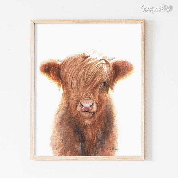 Watercolor Highland Cow Calf Print, Watercolor Ranch House Art, Baby Cow art, Farm house decor, Animal art prints, Highland Cow original art