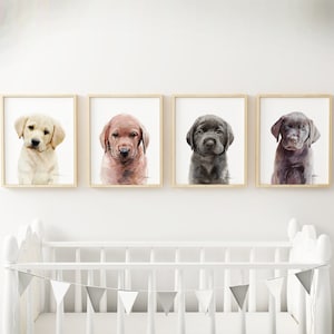 Labrador Puppy Nursery prints, Set of 4 prints, Kids room Decor, Yellow Lab, Black Lab, Chocolate Lab, Red Lab Puppy animal art, Dog nursery