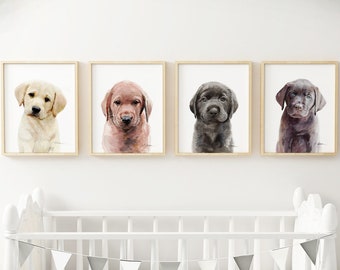 Labrador Puppy Nursery prints, Set of 4 prints, Kids room Decor, Yellow Lab, Black Lab, Chocolate Lab, Red Lab Puppy animal art, Dog nursery