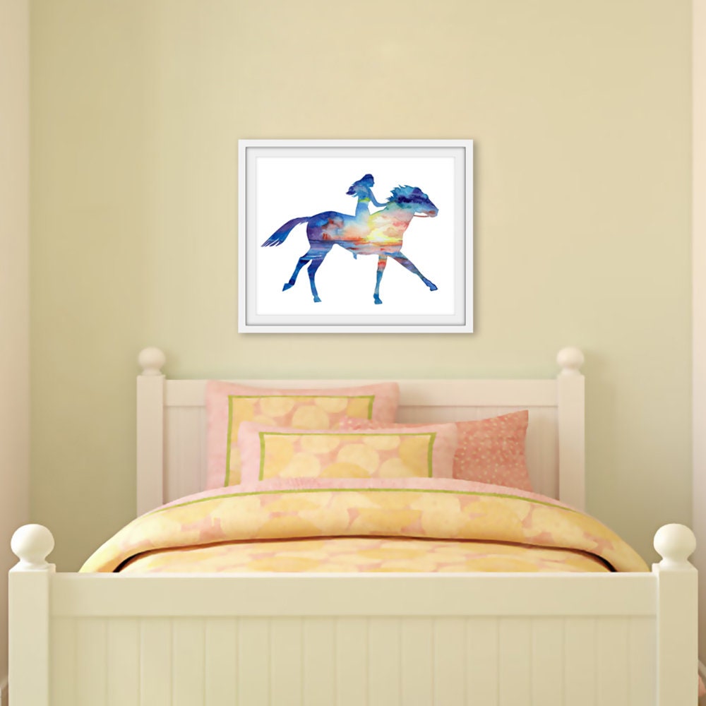 Watercolor Horse Silhouette Print, Watercolor Sunset Silhouette