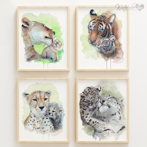 4 Big Cats Nursery Prints, Watercolor wall decor, Mother and Baby big cats, Lion, Tiger, Snow Leopard, Cheetah, Set of 4 Big Cats Art Prints